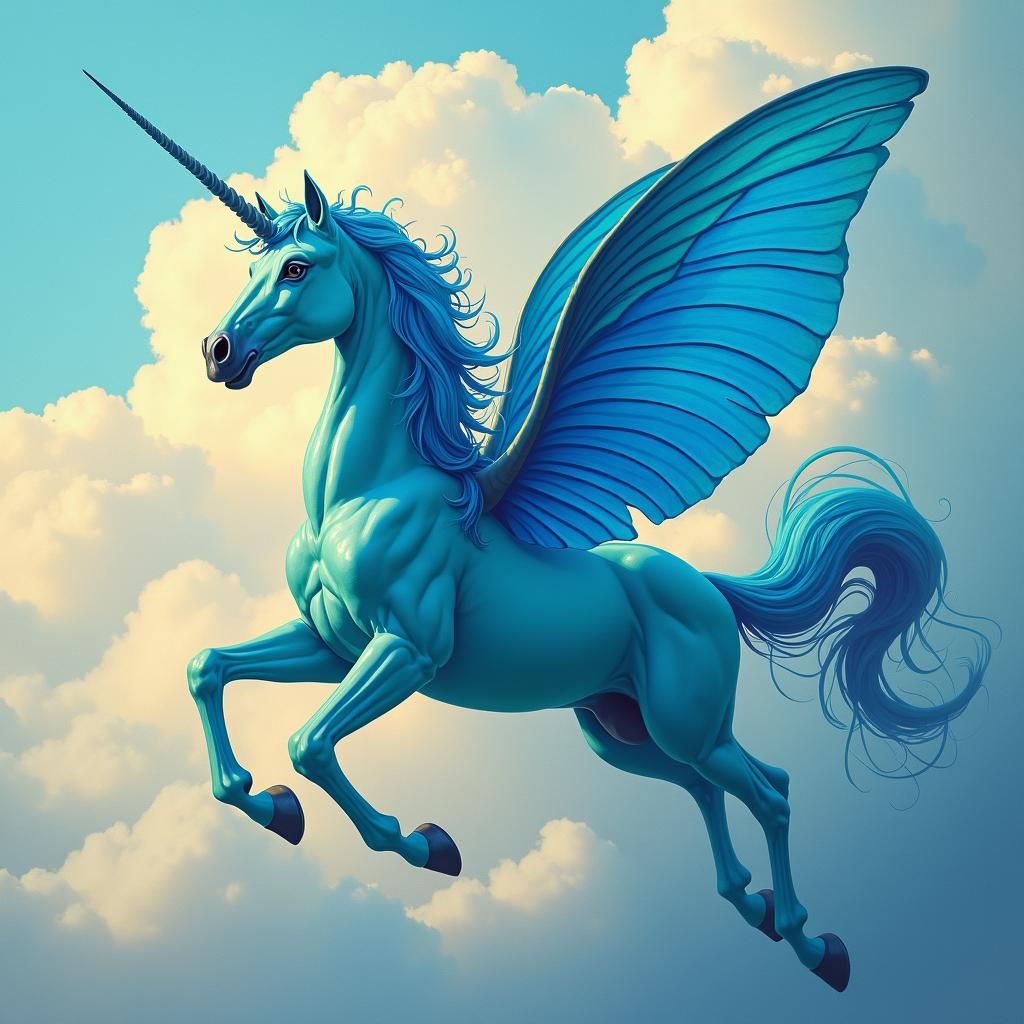 Blue Unicorns with Butterfly Wings in Ethereal Sky