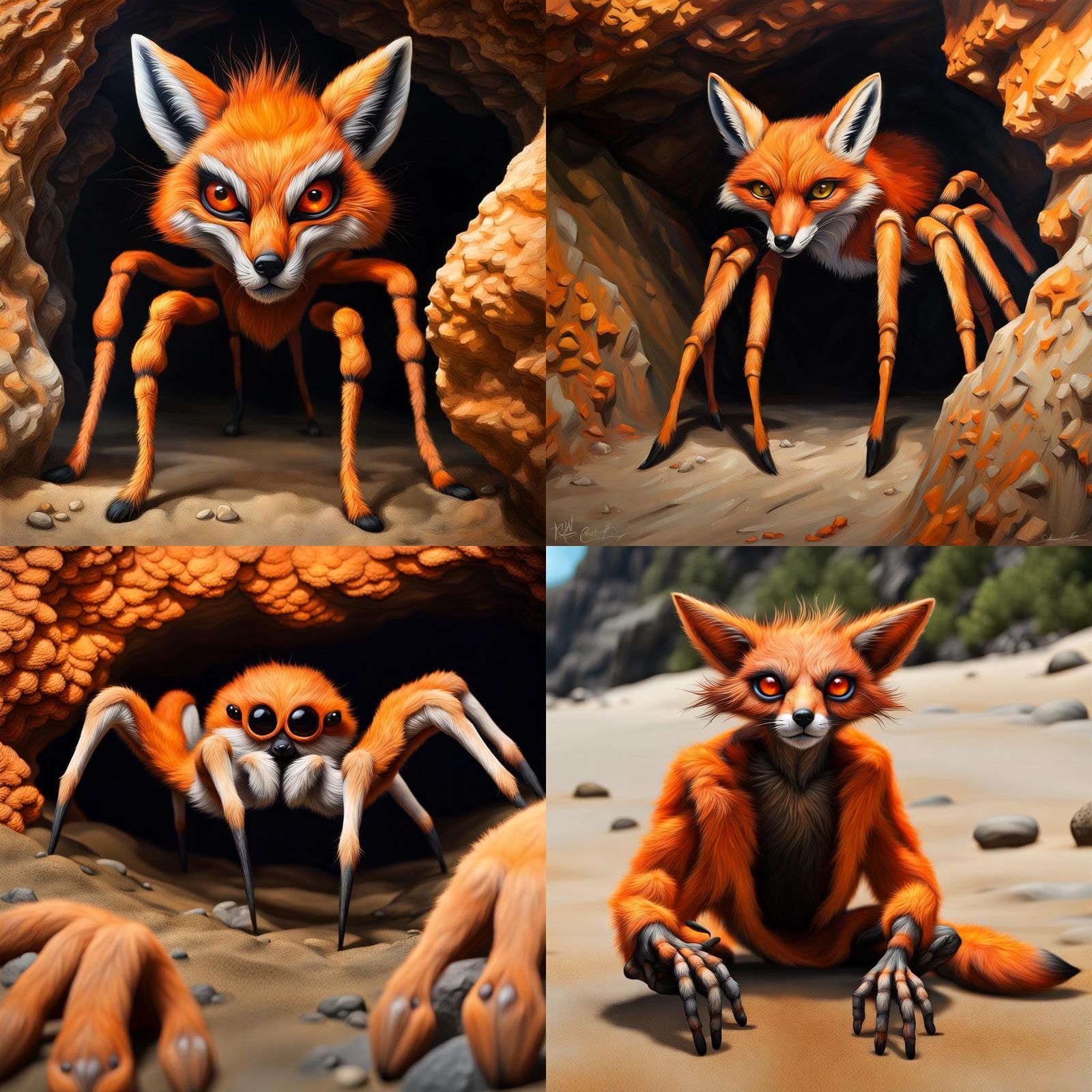 Spider-Faced Fox Man in Beach Cave Oil Painting