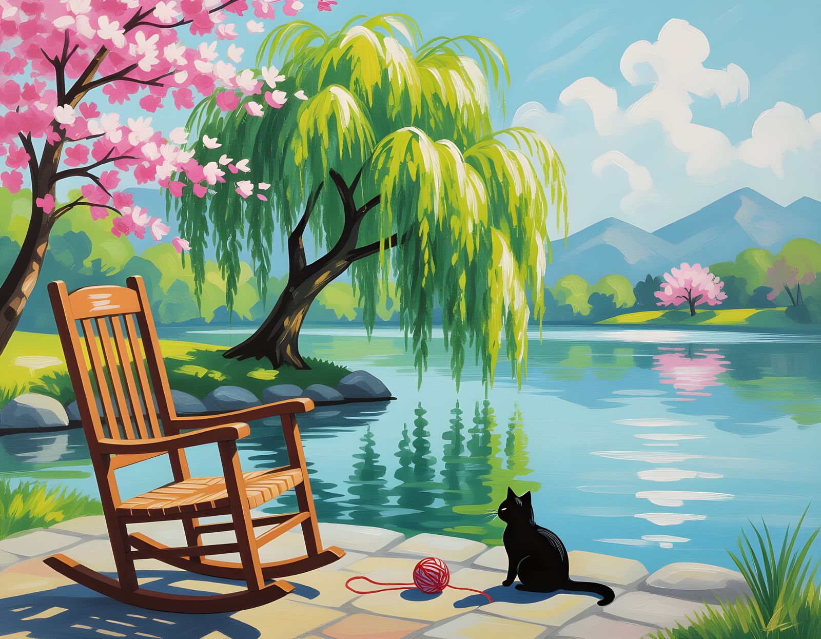 Black Cat and Willow Tree in Asian Chalk Art