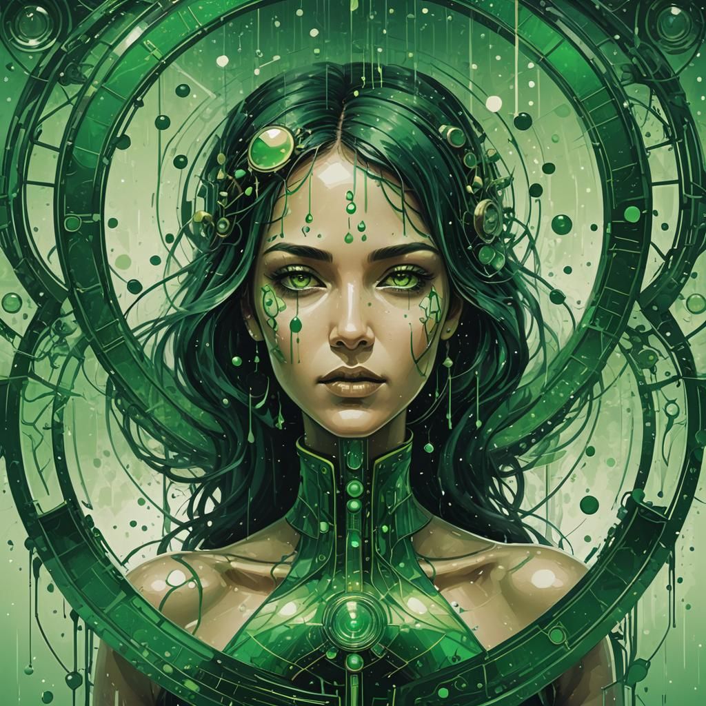 Abstract Retro Tech Hourglass with AI Humanoid