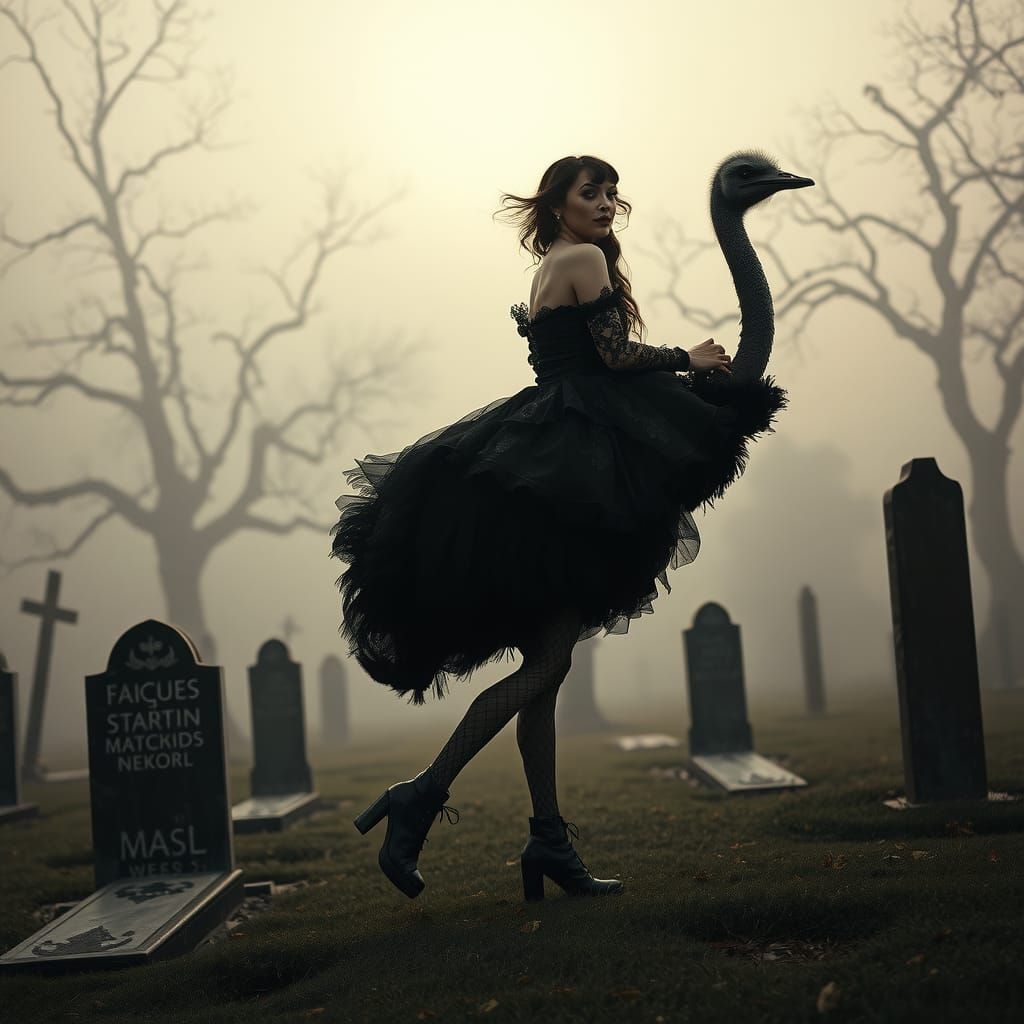 Gothic Woman Rides Ostrich in Cemetery