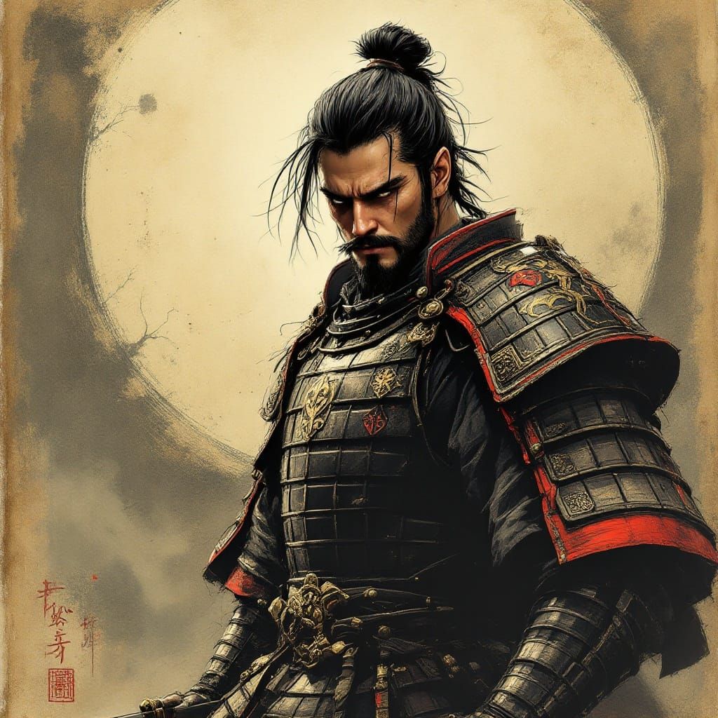 Samurai in Charcoal and Ink, Ukiyo-e Style Portrait