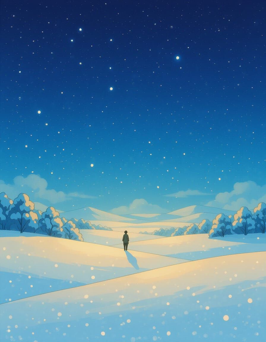 Serene Snowy Landscape in Vintage Anime Style
