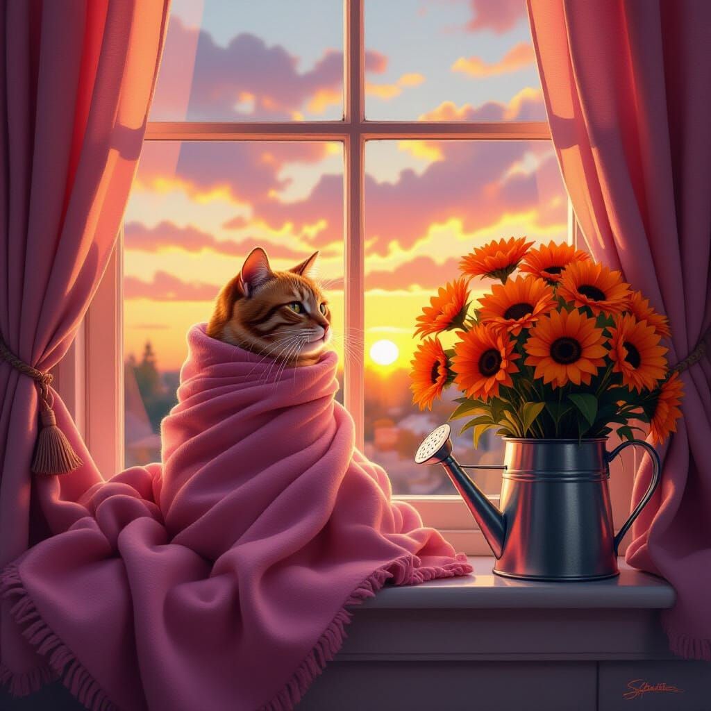 Hyperrealistic Ginger Cat with Flowers at Sunset