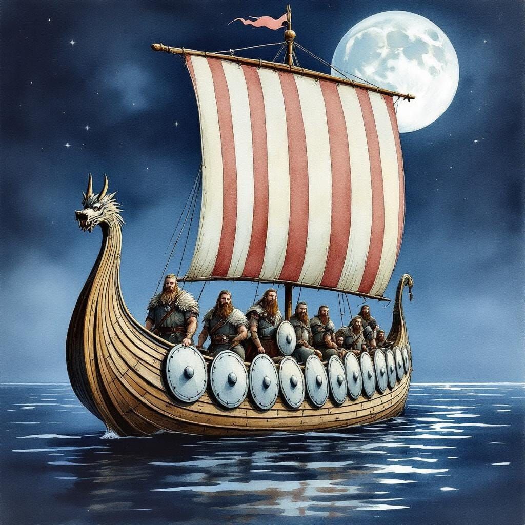 Viking Longship Sails by Moonlight in Watercolor