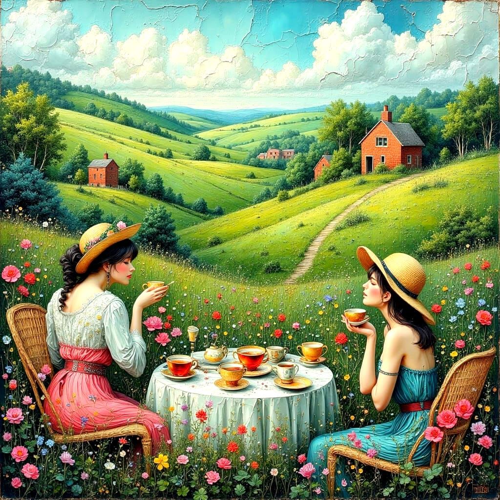 Landscape with Tea Drinkers: Impasto Oil Painting