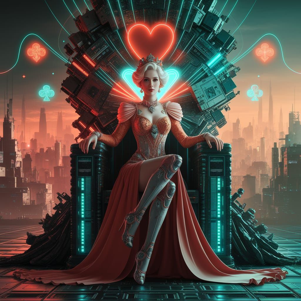 Cyberpunk Queen of Hearts Empress on Neon Throne