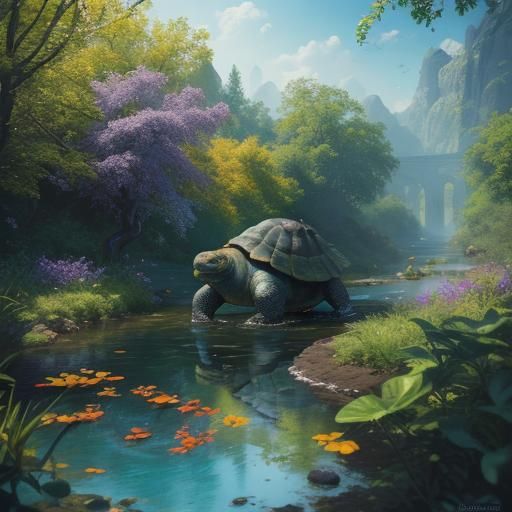 Tortoise Drinks in River: Triadic Colors Oil Painting