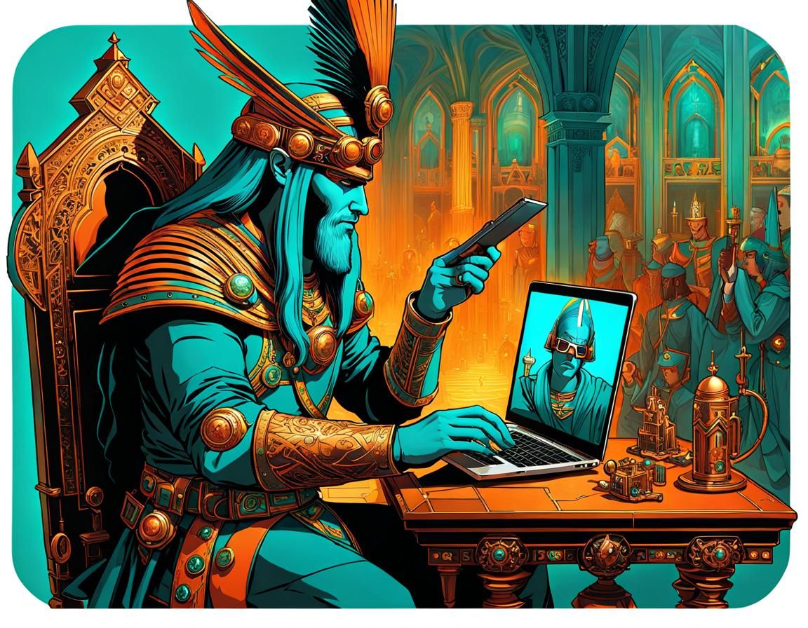 Steampunk Egyptian King Video Conference in Palace Office