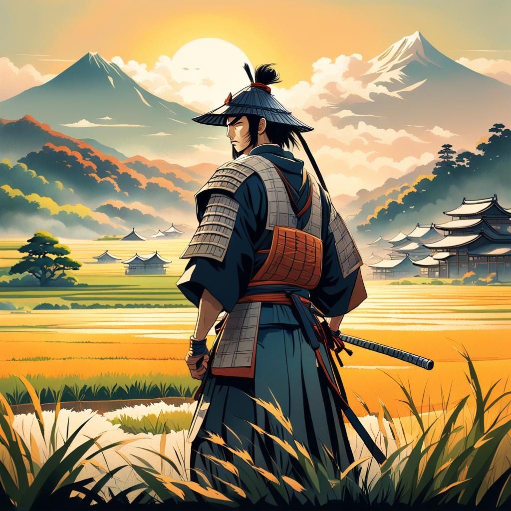 Anime-Inspired Samurai Overlooking Japanese Village