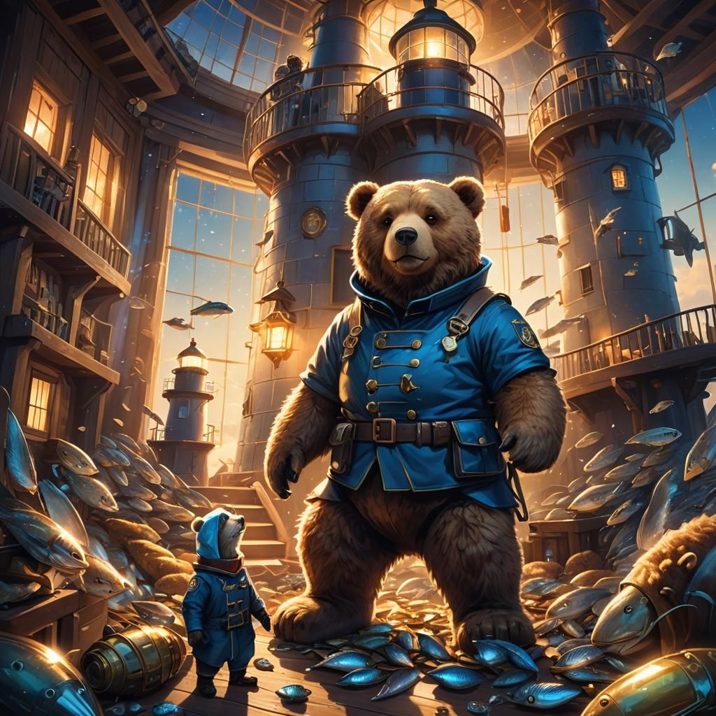 Giant Teddy Bear Lighthouse Keeper in Dreamlike Space