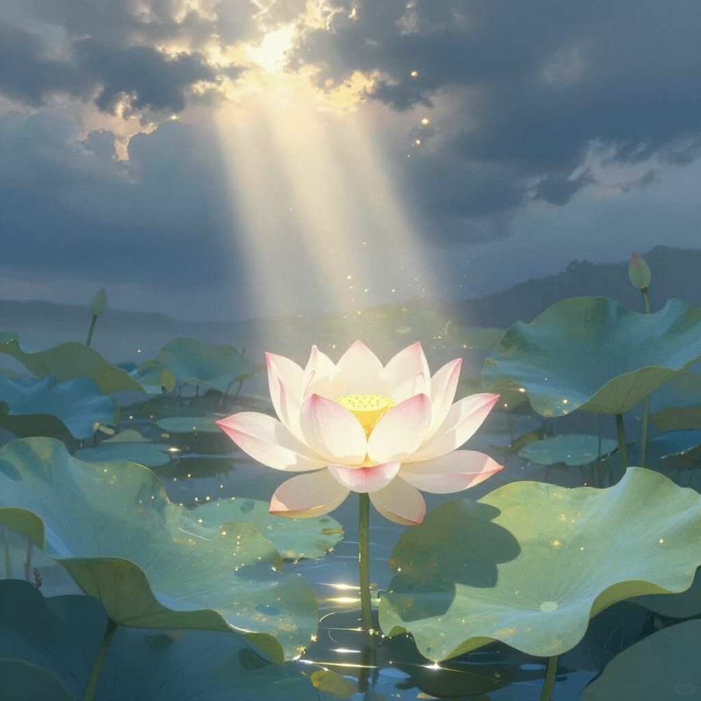 Sunbeam Illuminates Lotus Flower in Serene Pond