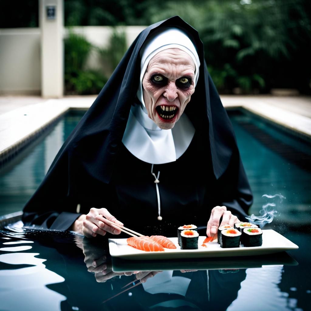 Demonic nun who eats sushi in the pool