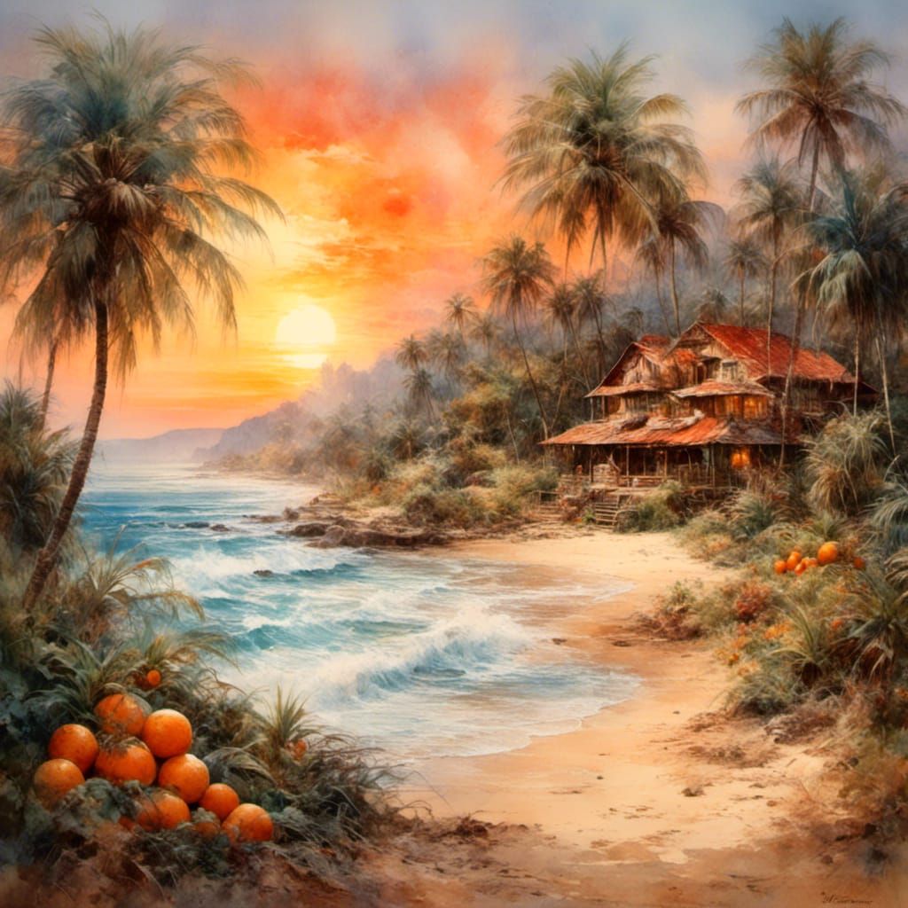 Tropical Sunset Beach Watercolor Painting with Oranges