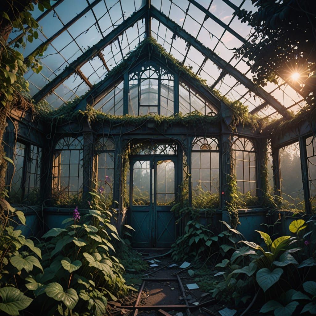 Abandoned Greenhouse: Overgrown Garden at Twilight
