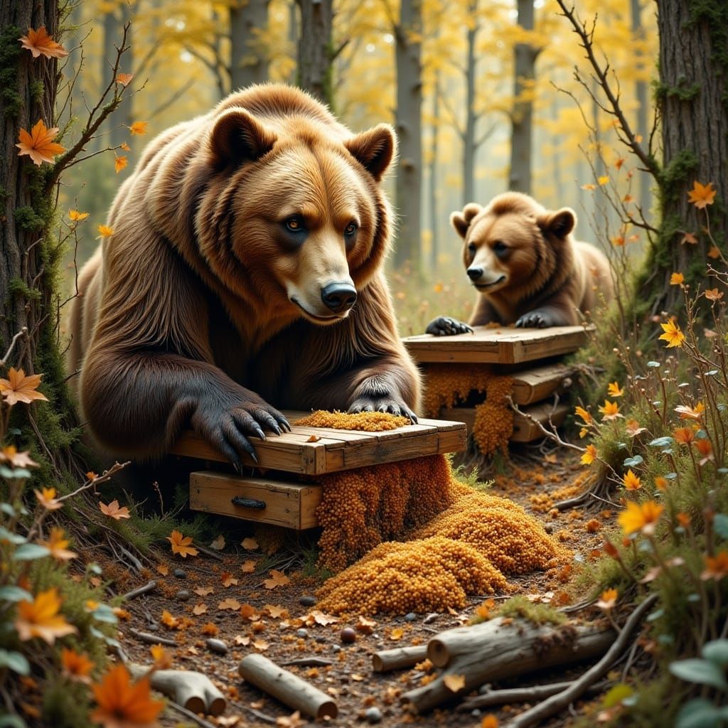In a clearing in a pine forest, as autumn progresses, two brown bears have discovered wooden beehives and have invaded t...