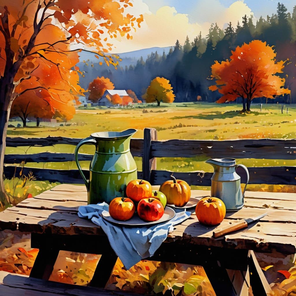 Autumn Harvest Picnic With Steaming Cider and Pie