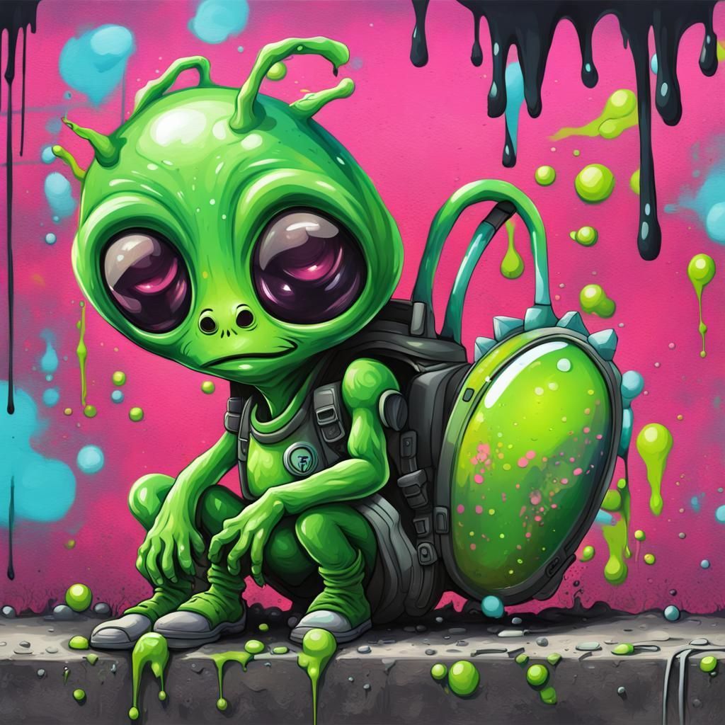 Cute Green Alien in Graffiti Street Art Style