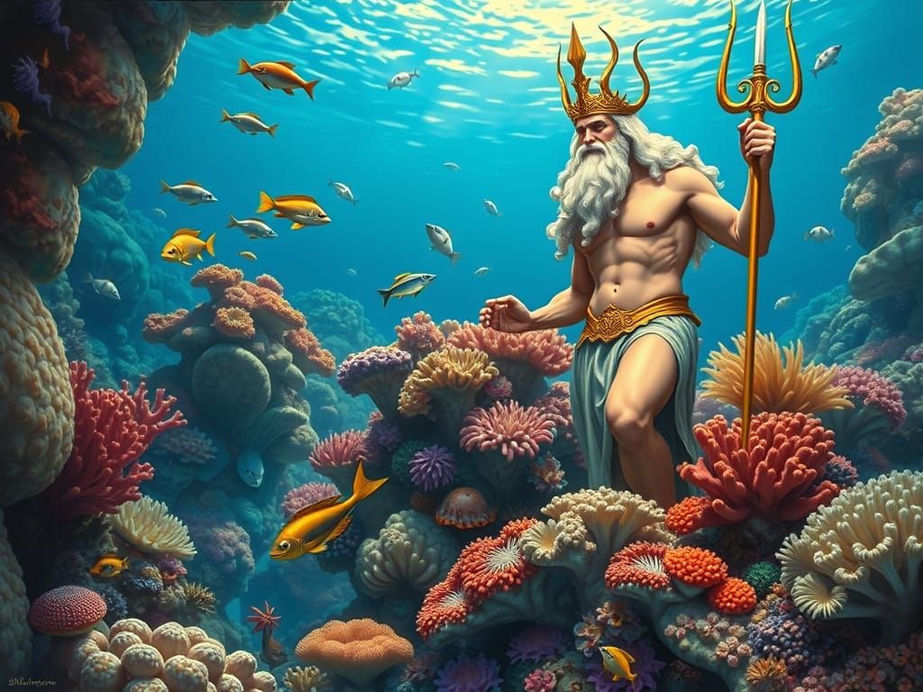 Poseidon in Underwater Coral Reef, Pin-Up Art
