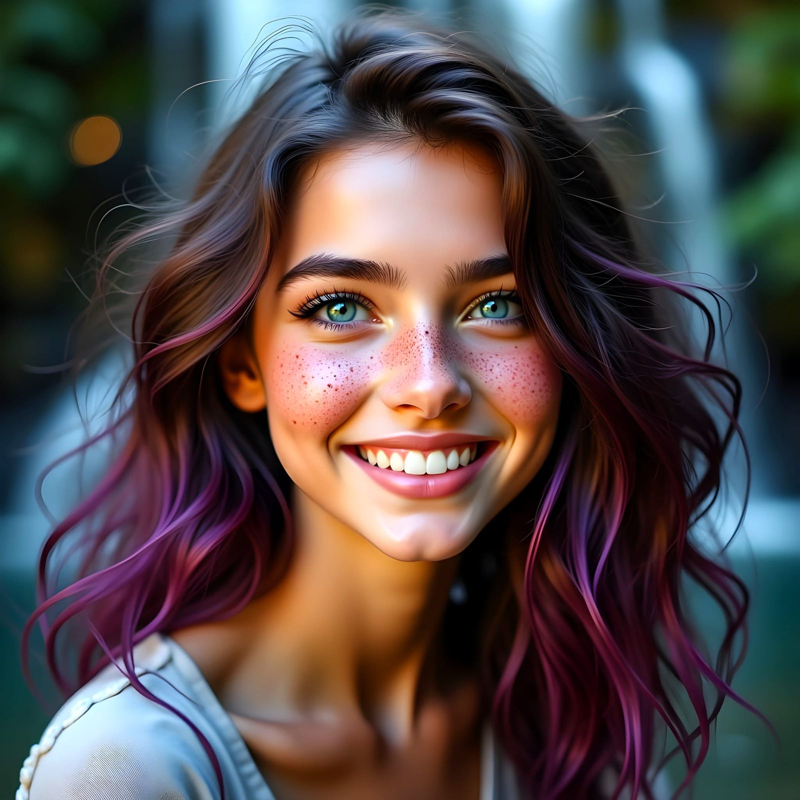 A Young Woman Smiles Under a Waterfall's Gentle Glow