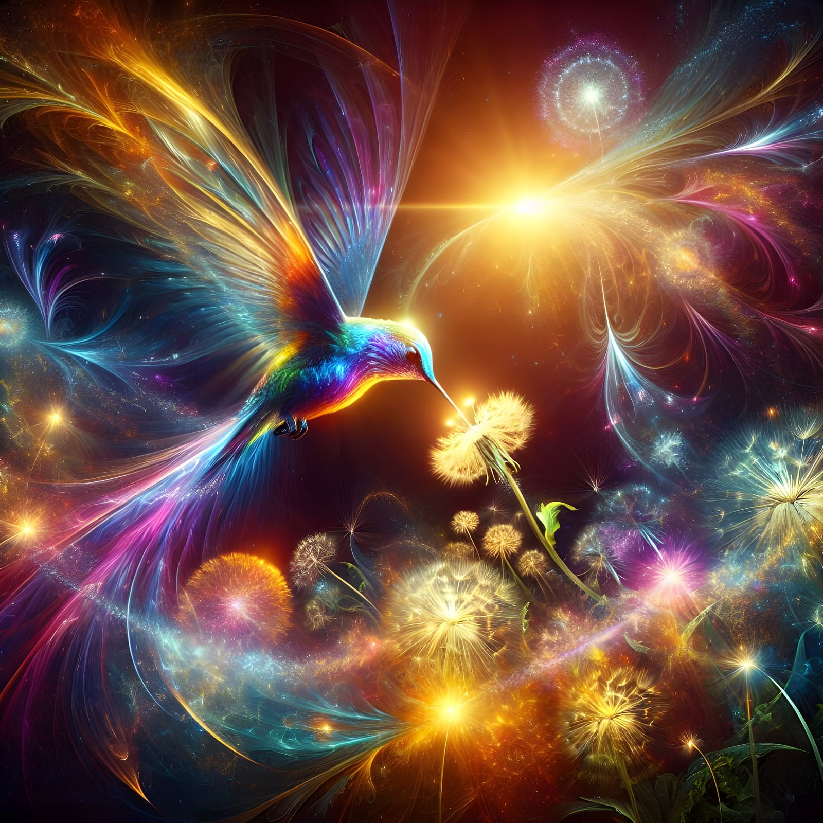 Shimmering Hummingbird in Radiant Floral Scene