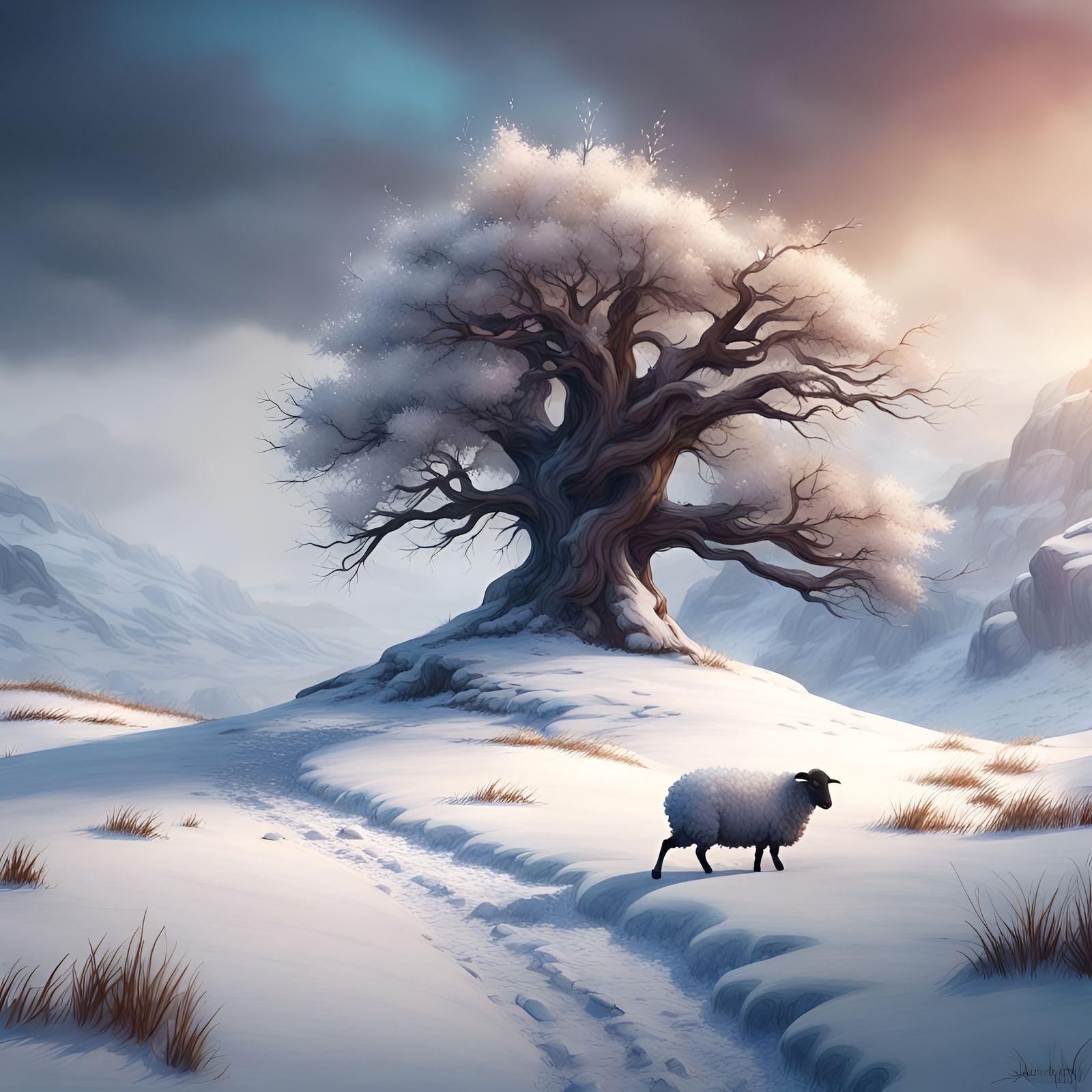 Winter Sheep in Snowy Watercolor Landscape