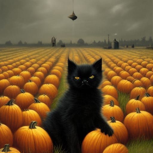 Sinister Black Kitten in Pumpkin Patch
