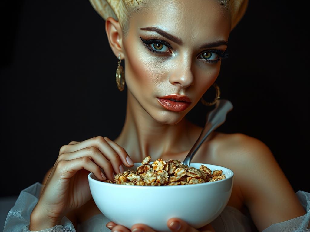 Alien Woman in Haute Couture with Luxury Breakfast