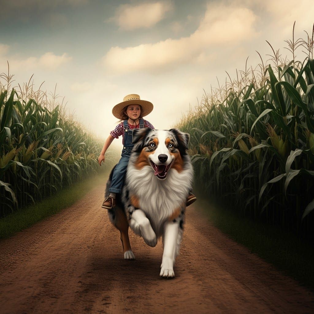 Farm Girl Rides Giant Dog in Cornfield