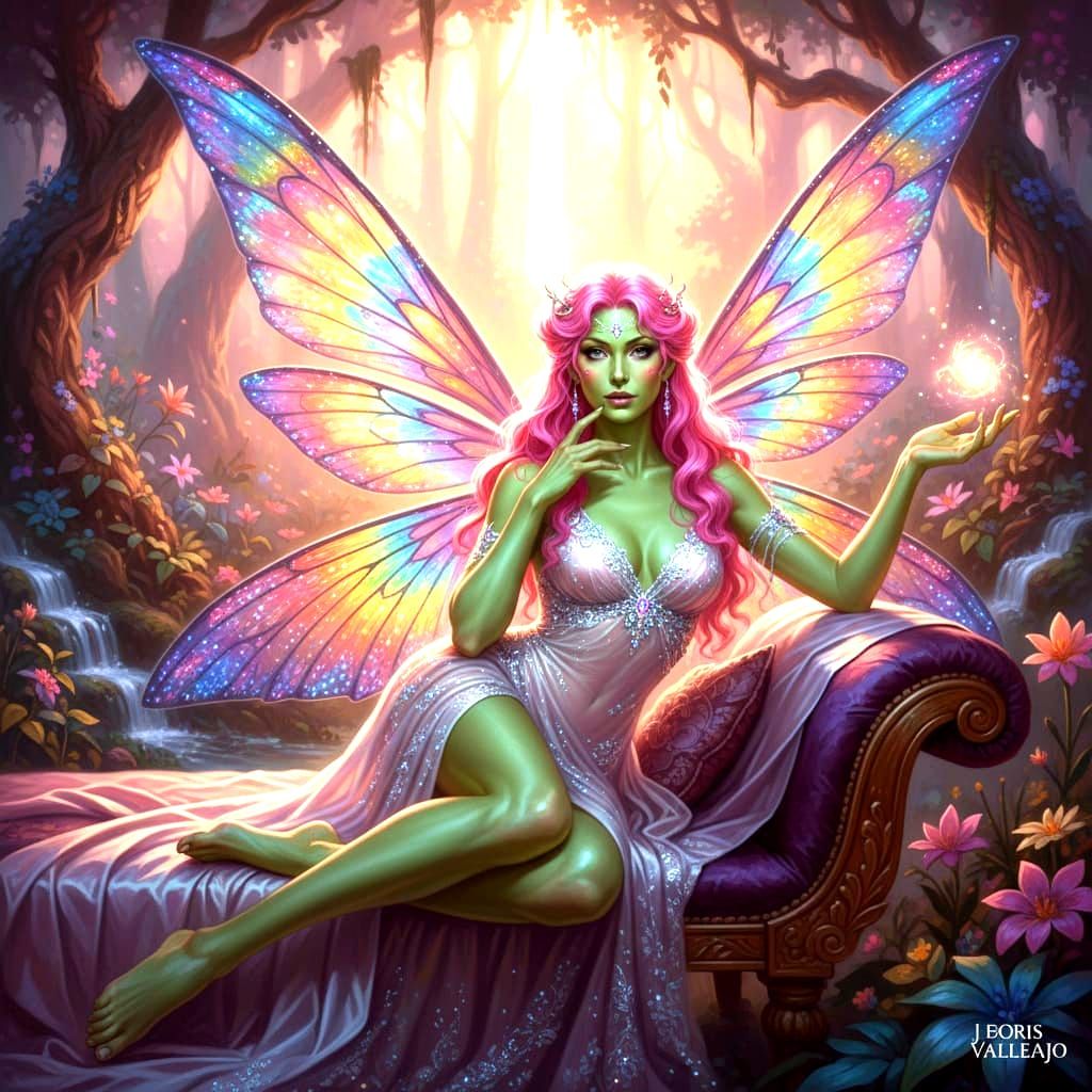 Glamorous Fae Enchantress with Rainbow Wings in Pin-Up Style