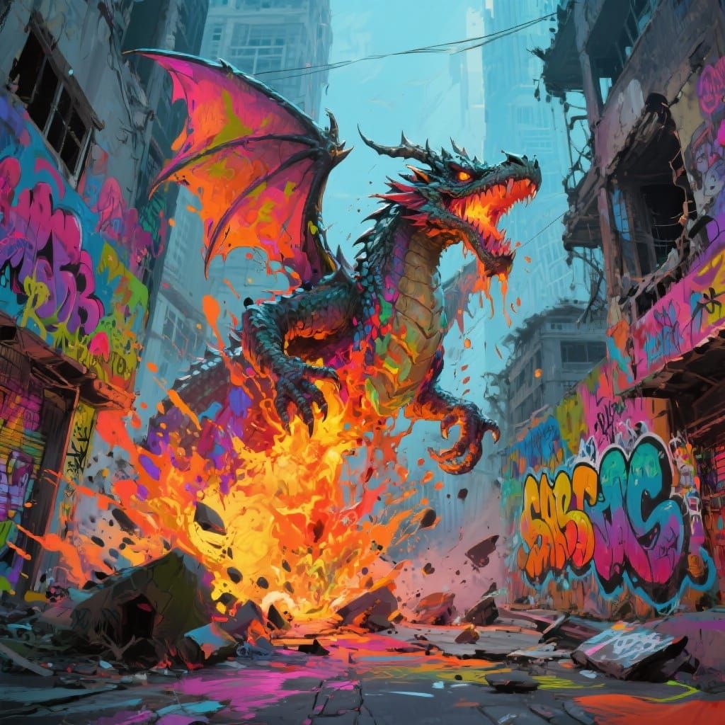 Dragon Attacks City in Vibrant Graffiti Splash Art Style