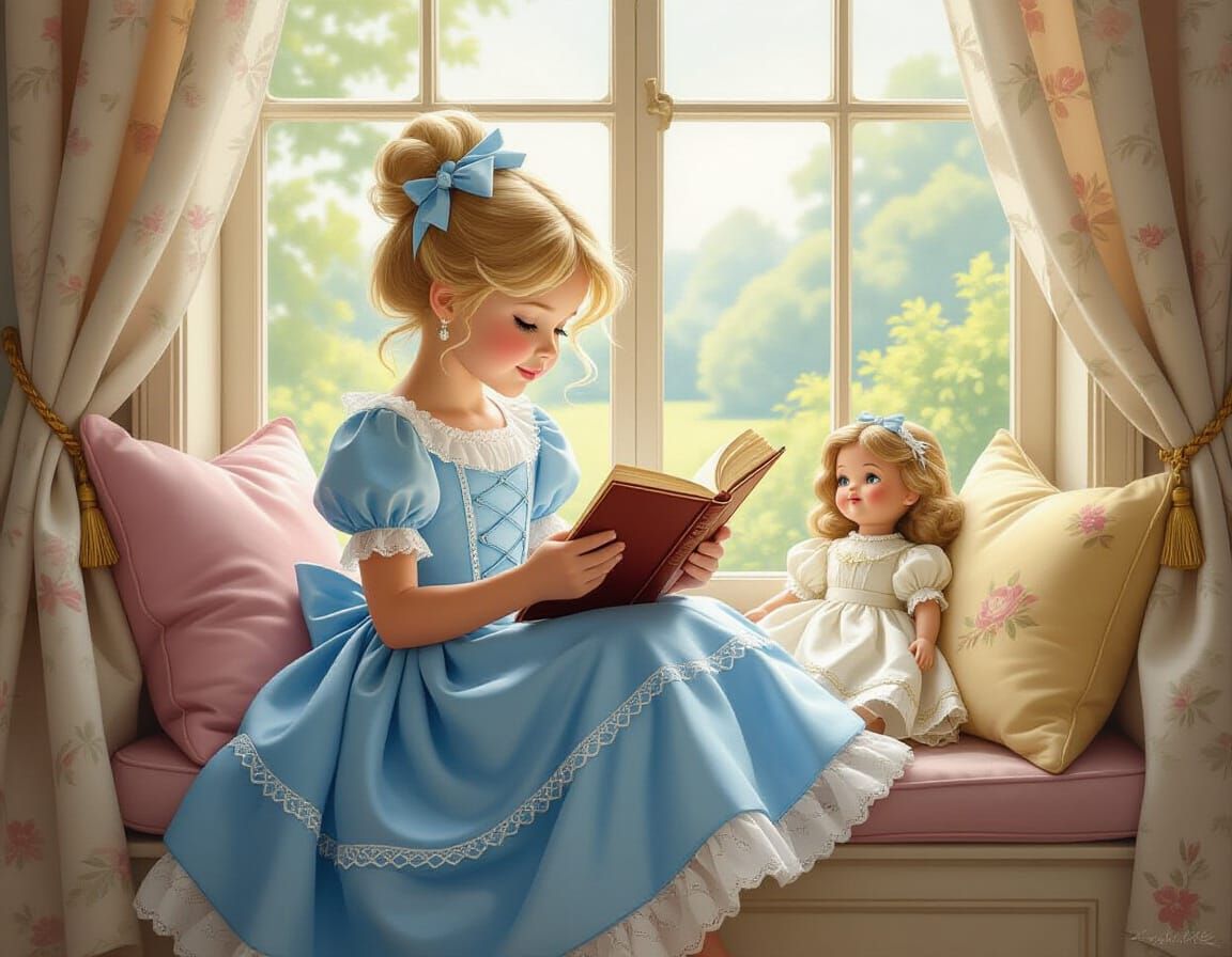 Victorian Princess Reading Book in Window Seat