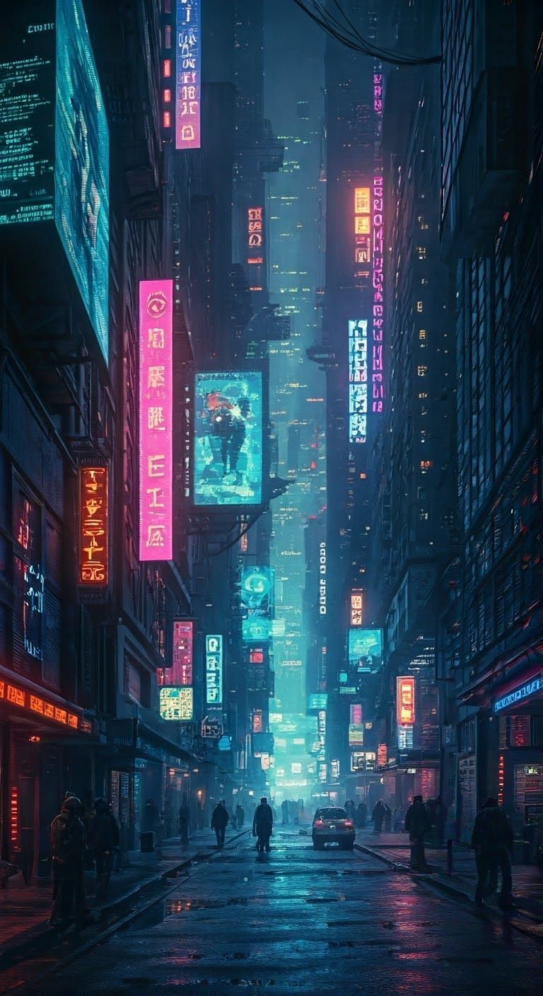 Cyberpunk Cityscape with Holographic Characters and Neon Lig...