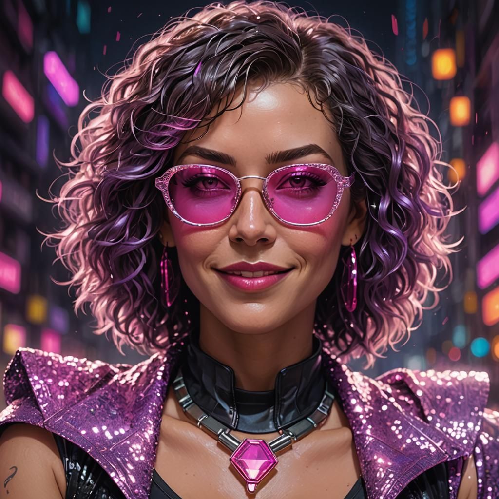 Glamorous Fae Woman with Curly Hair and Neon Sparkles