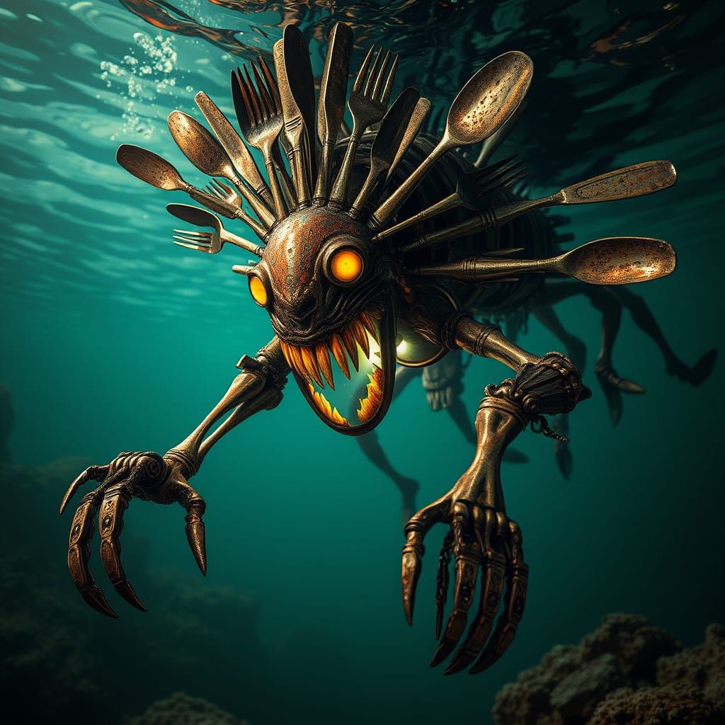Surrealist Cutlery Monster Emerges from Dark Depths