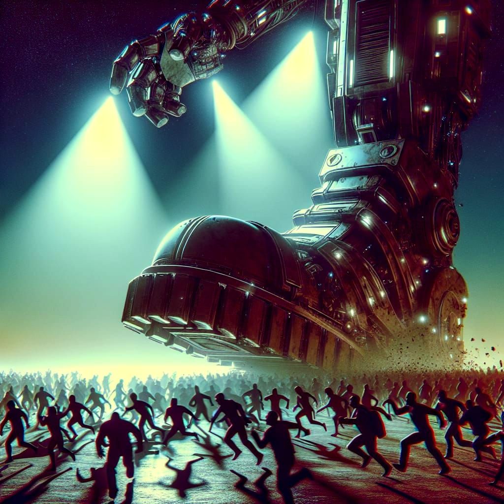 Giant Robot Stomps Towards Chaos in Cyberpunk Nighttime