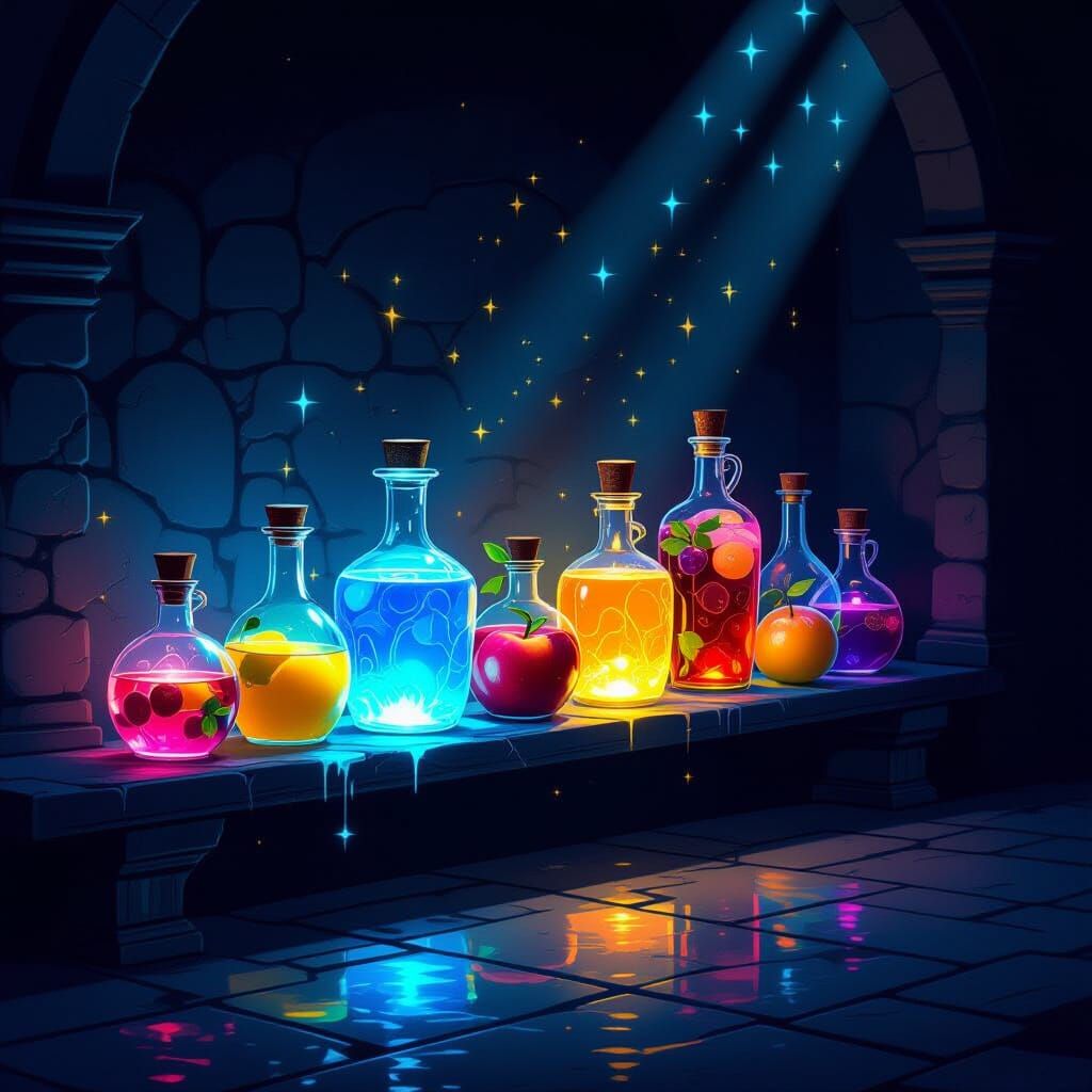 Magical Potions and Fruit Drinks in Ornate Bottles