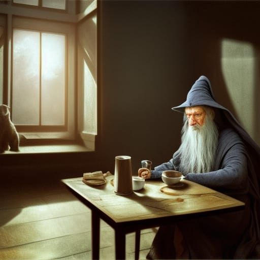 Gandalf Drinks Coffee: Dark Fantasy Concept Art