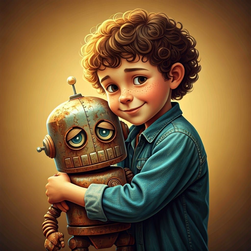 Boy Comforts Robot Toy in Retro-Futuristic Style
