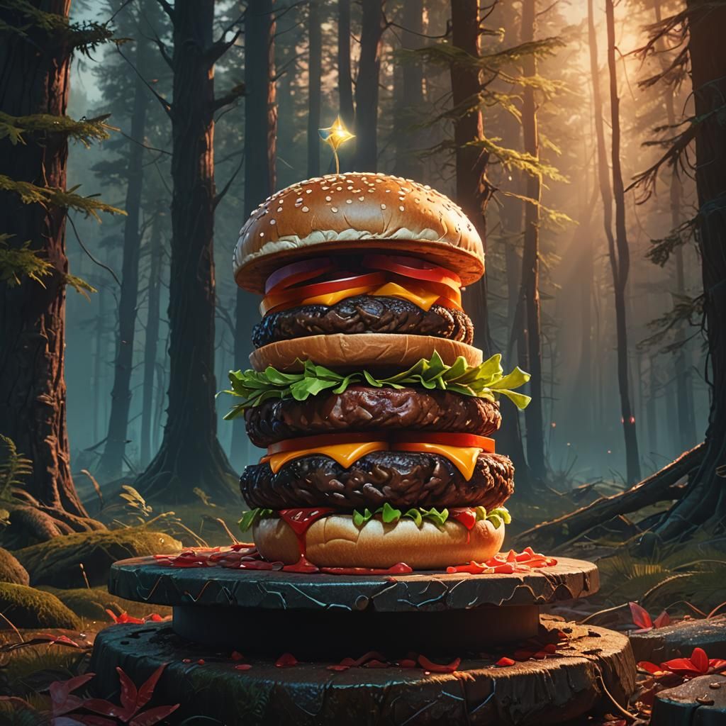 Glowing Hamburger in Magical Forest, Fantasy Concept Art