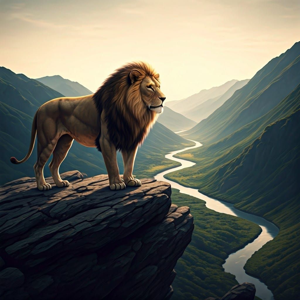 Majestic Lion on Mountain Peak, Gazing into Serene Valley