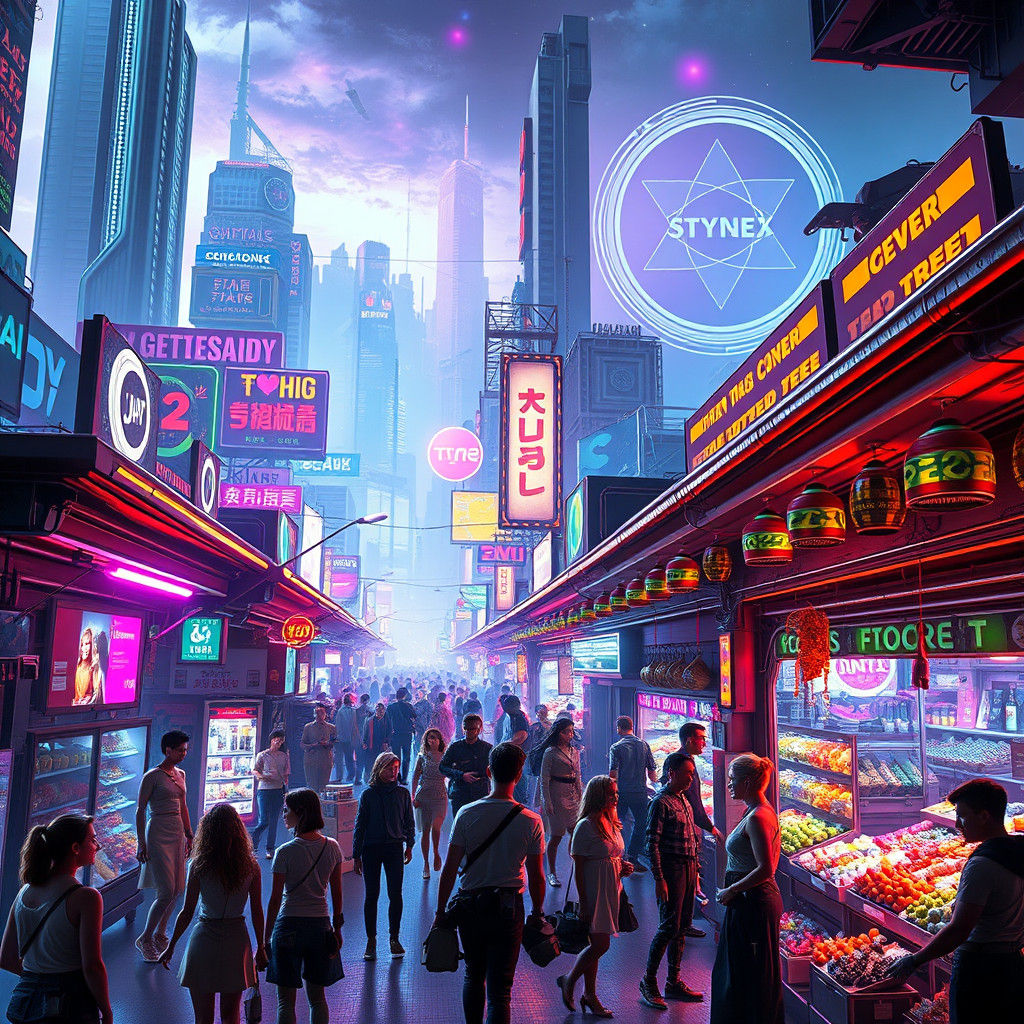 Cyberpunk Marketplace in a Neon-Lit Future