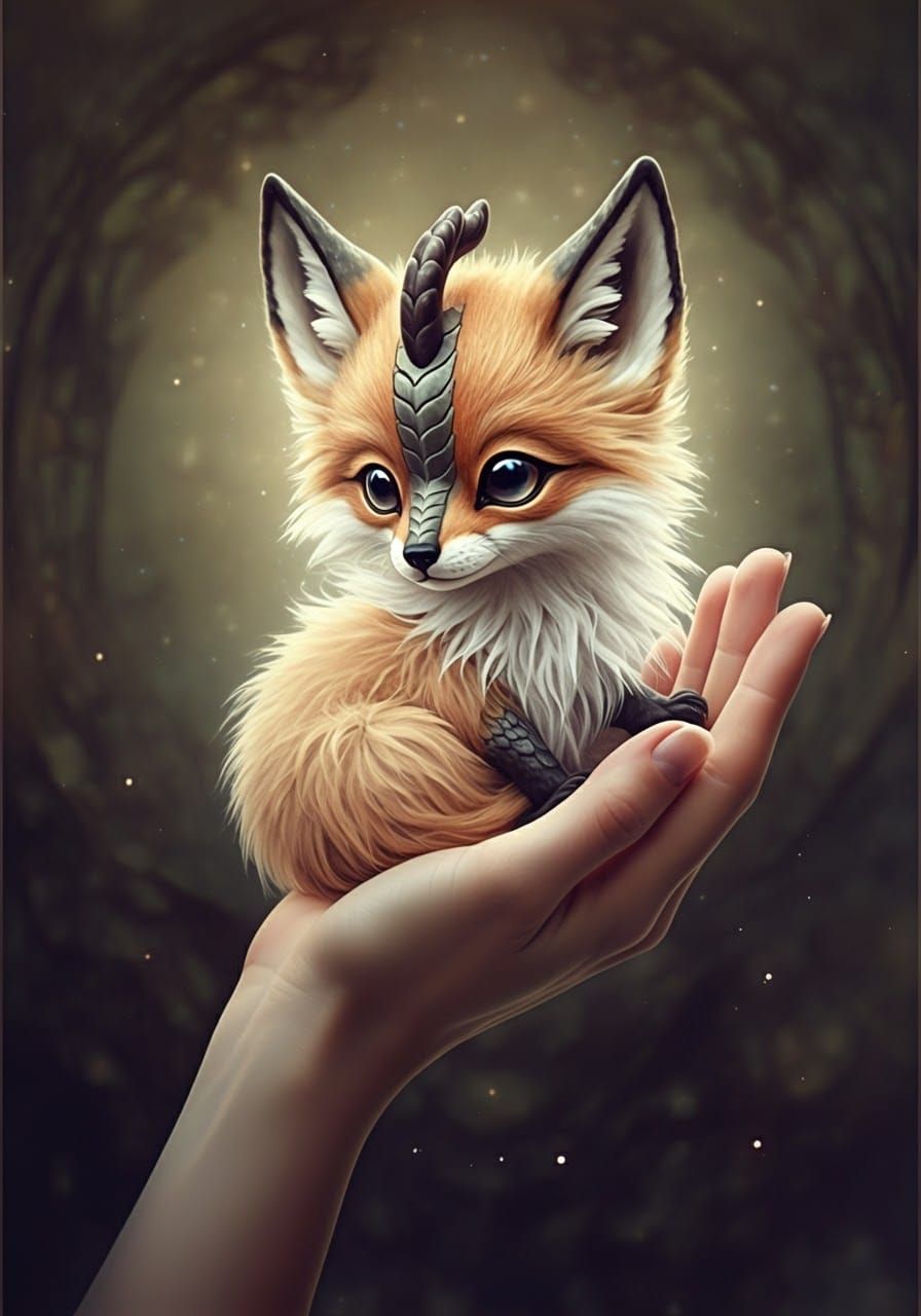Delicate Fox Kirin in Hand, Dreamlike Watercolor