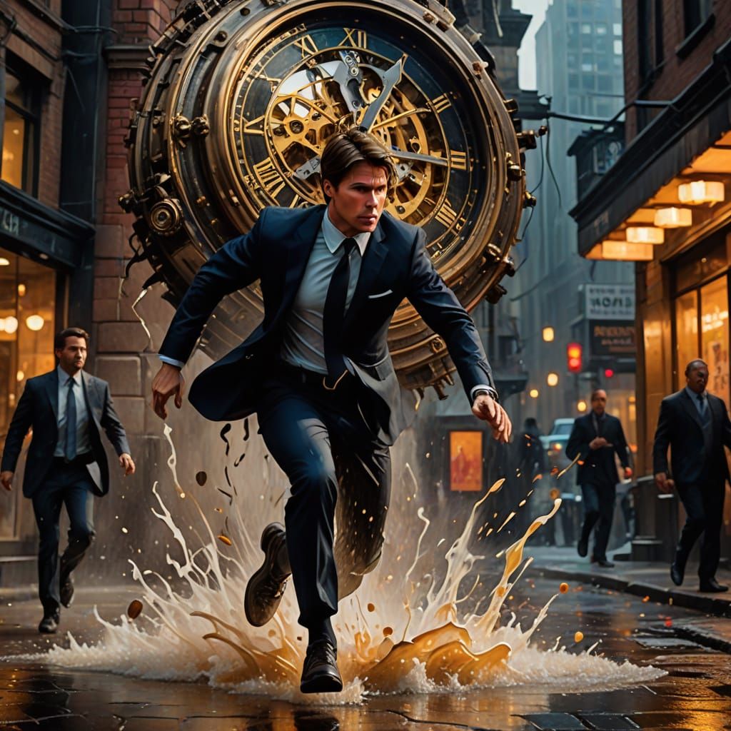 Ethan Hunt in a Dreamlike Cityscape of Melting Time