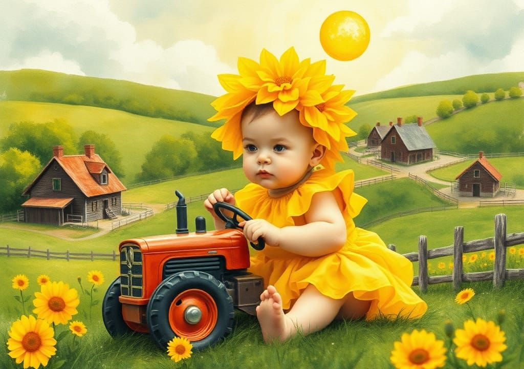 Baby in Sunflower Costume Plays on Farm, Impressionistic Sty...