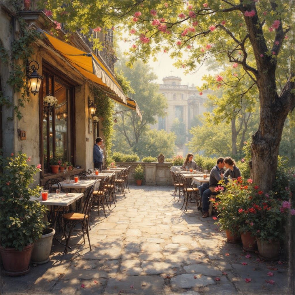 Impressionist French Cafe Scene in Spring Light