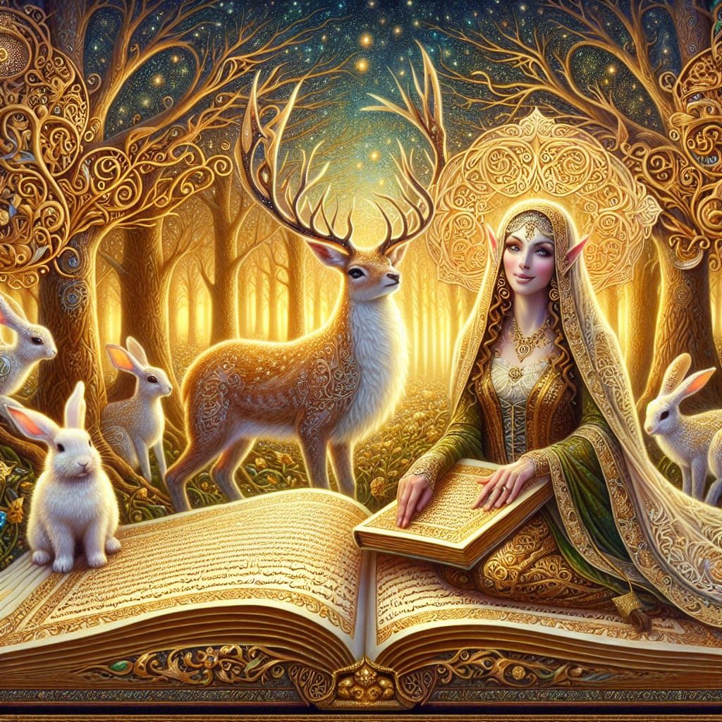 Enchanted Forest Scene with Elf Queen in Fantasy Art Style