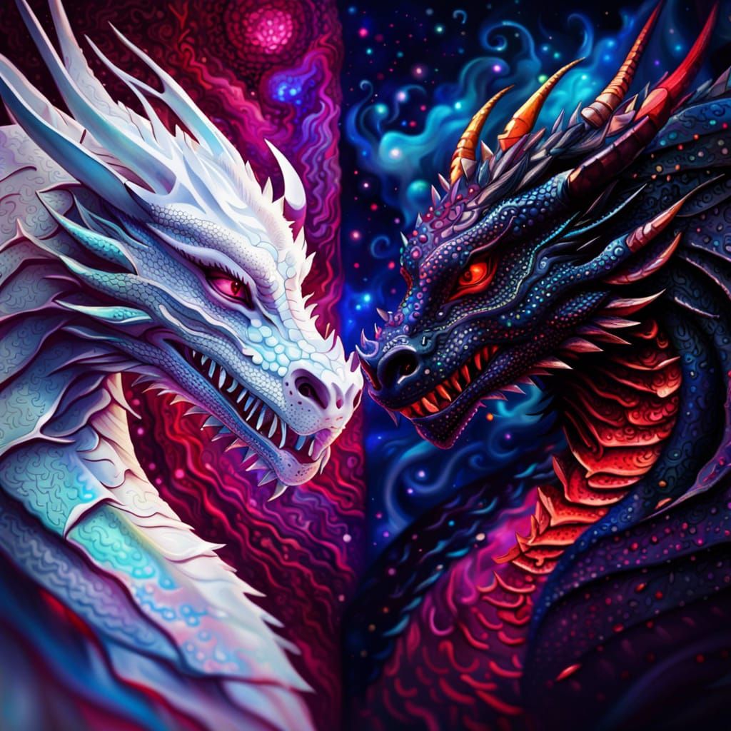 White dragon facing black dragon, hi datailed, Deep colors fantasy, Ruby background 8k resolution holographic astral cos...