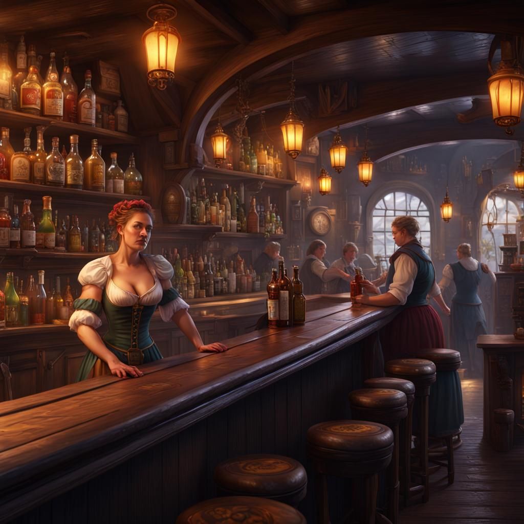 Busy Tavern Scene with Curvy Barmaid