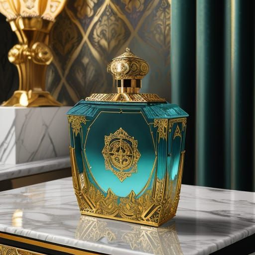 Sultry Art Deco Perfume Bottle in Aquamarine Glass with Bras...